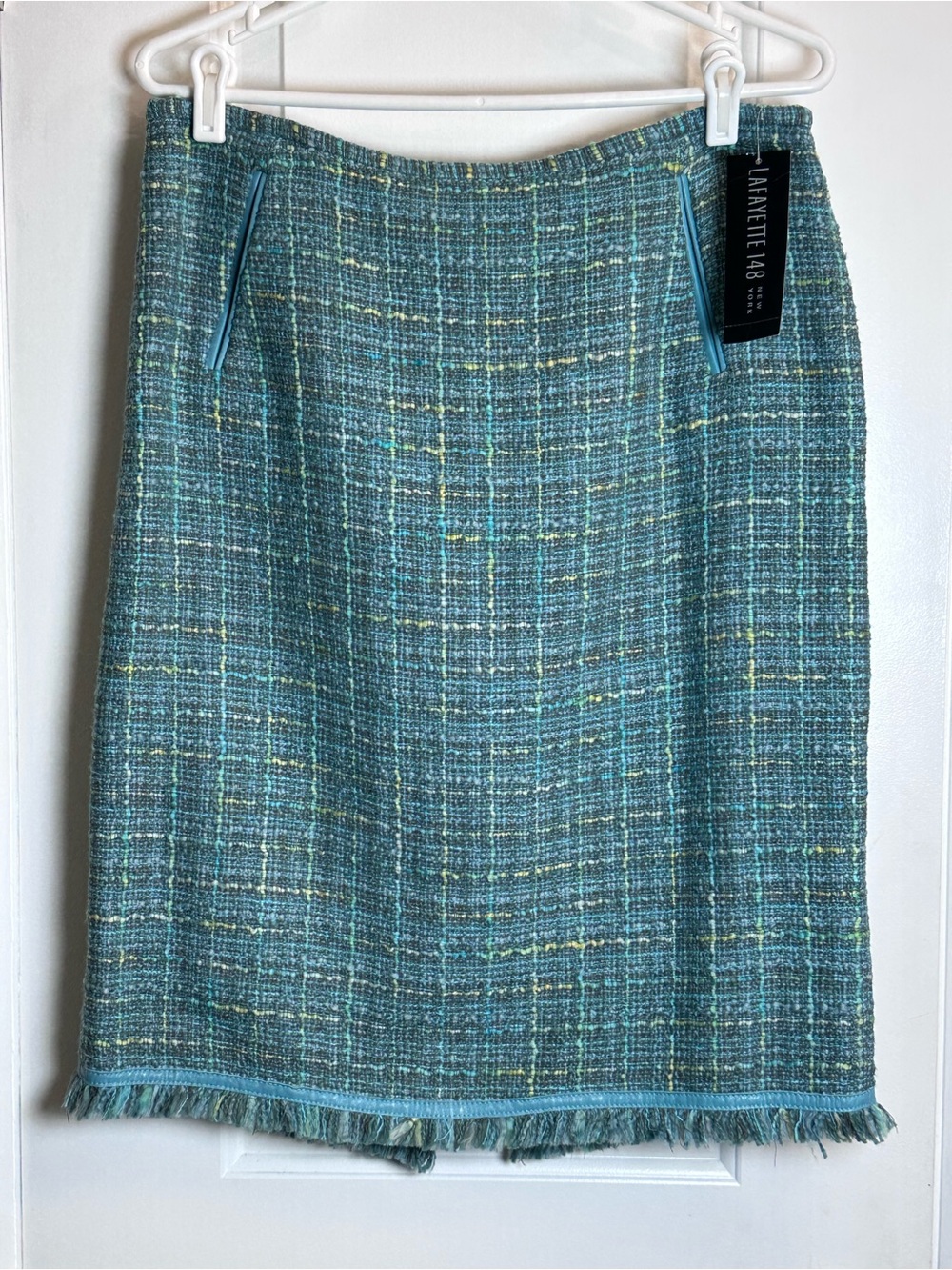 Lafayette 148 New York Vintage Teal Tweed Fringe Pencil Skirt Women’s 14